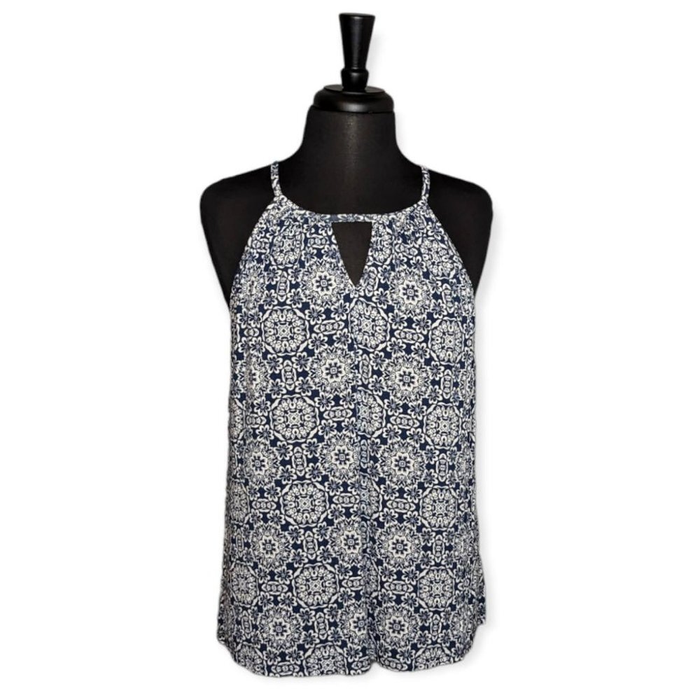 Papermoon Blue & White Halter Top with Keyhole Cutout Size Small